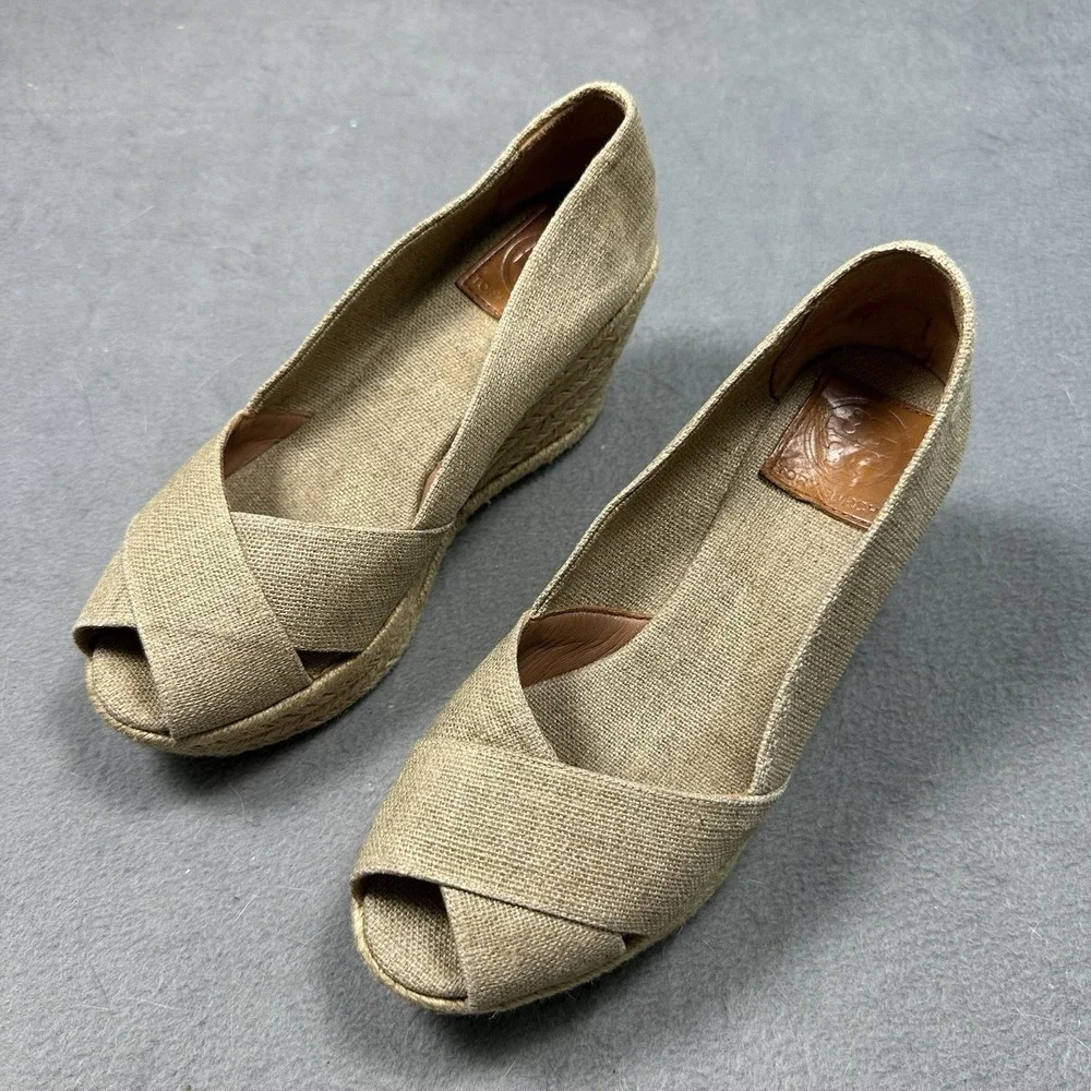 Tory Burch Filipa Espadrille Wedge Heels 8B Tan Canvas Peep Toe Platform